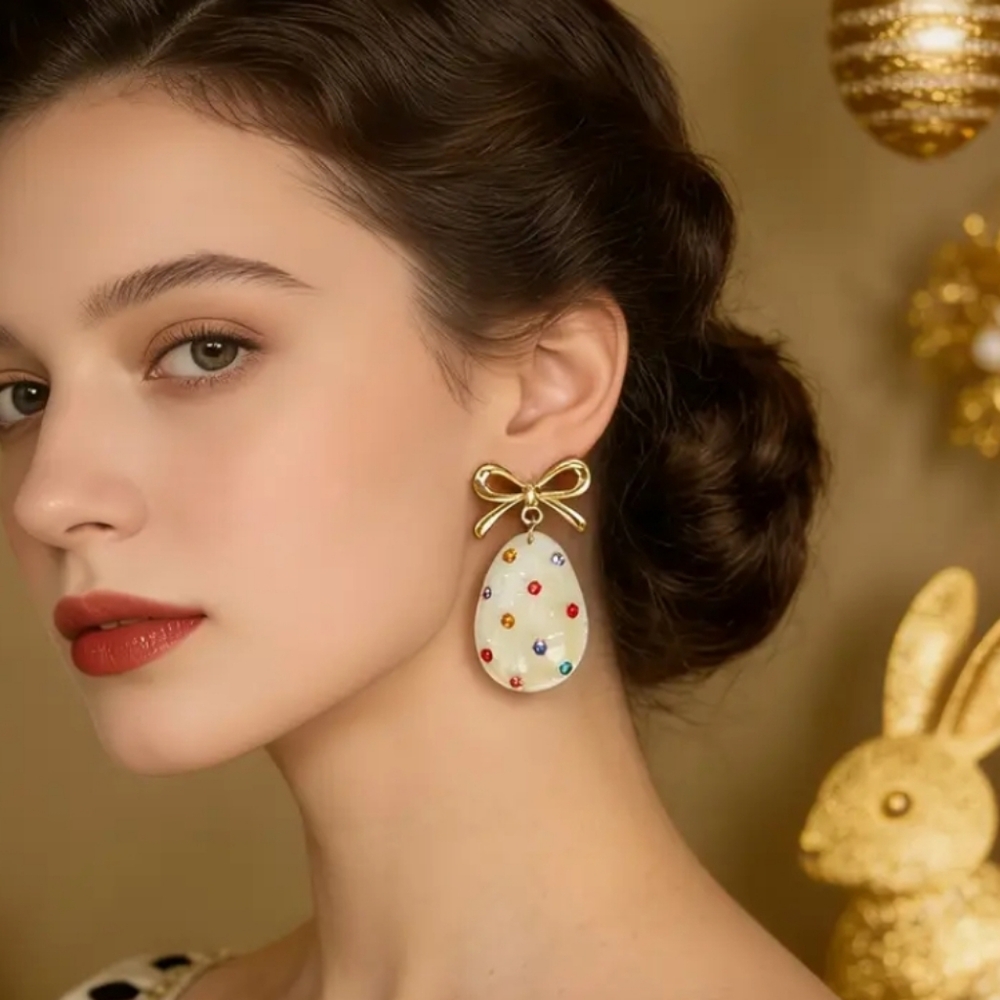 🆕️ Easter Shimmery Gold Bow and Gemstone Egg Earrings Large  NWOT - Picture 3 of 8